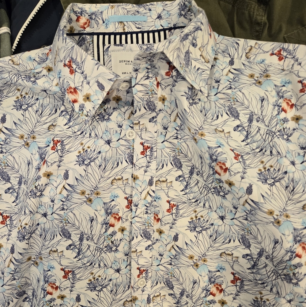 Large denim and flower short sleeve button up